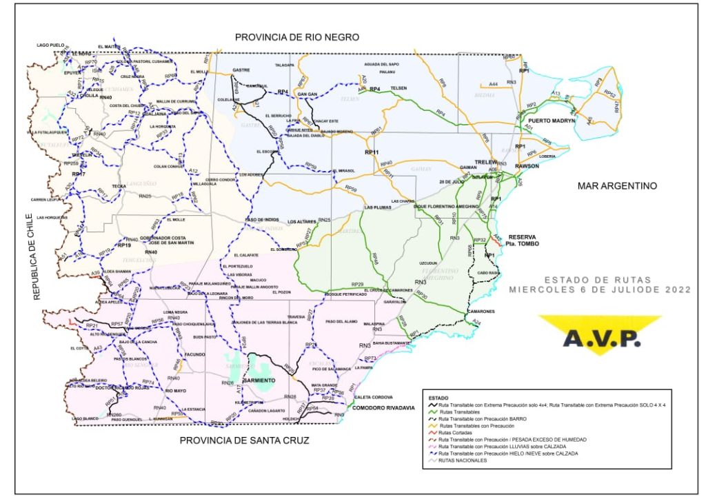 Estado de las rutas de Chubut del miércoles 6 de julio