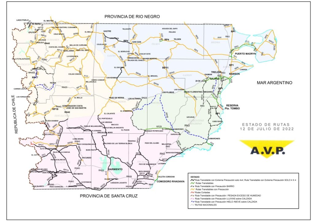 Estado de las rutas de Chubut del martes 12 de julio