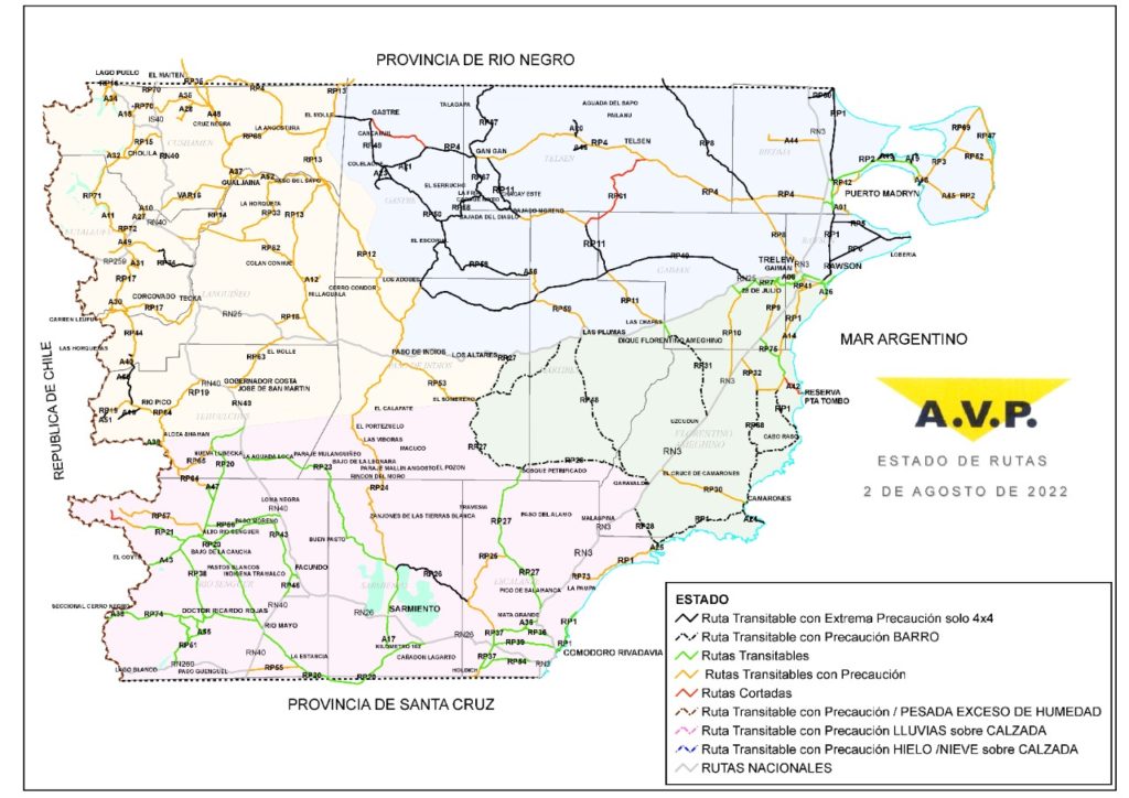 Estado de las rutas de Chubut del martes 2 de agosto