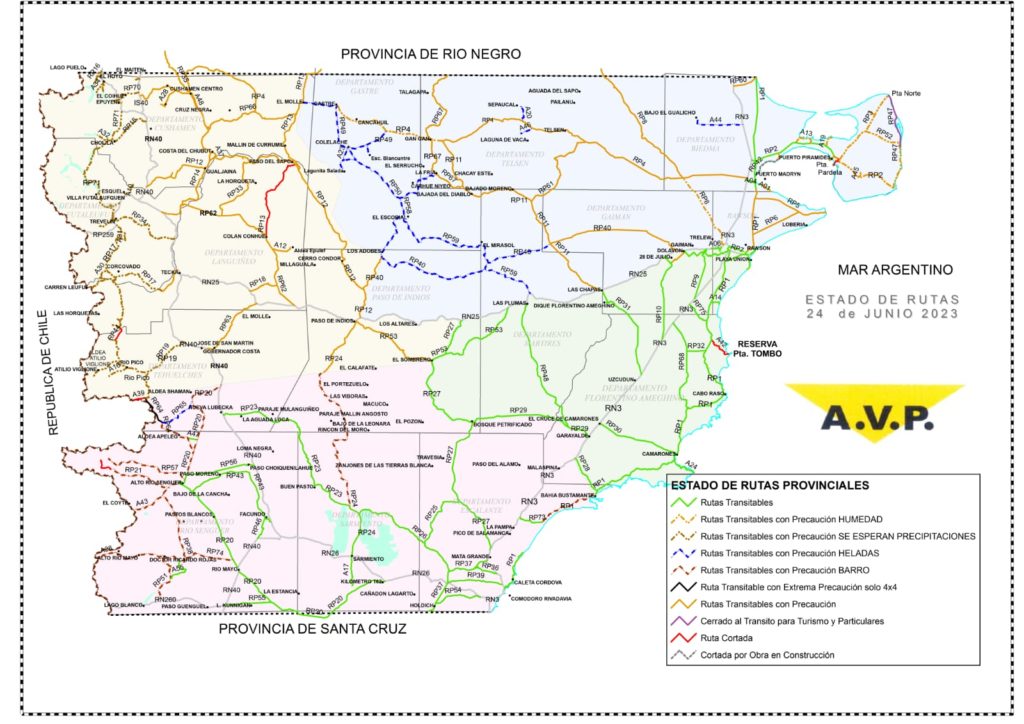 Estado de las rutas de Chubut del sábado 24 de junio