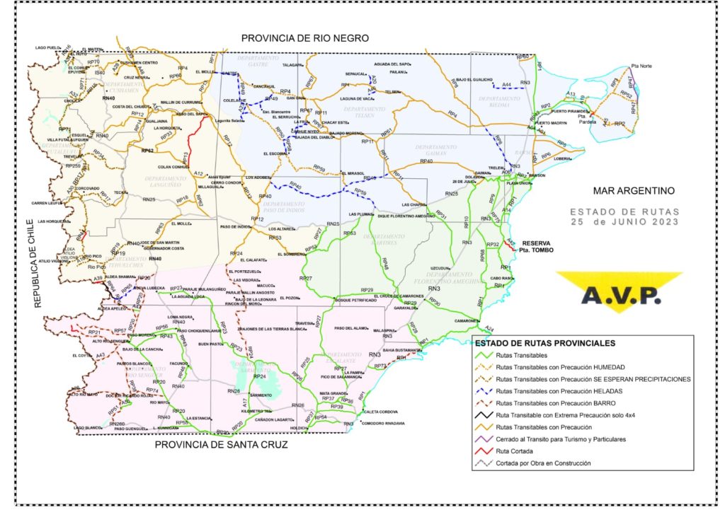 Estado de las rutas de Chubut del domingo 25 de junio