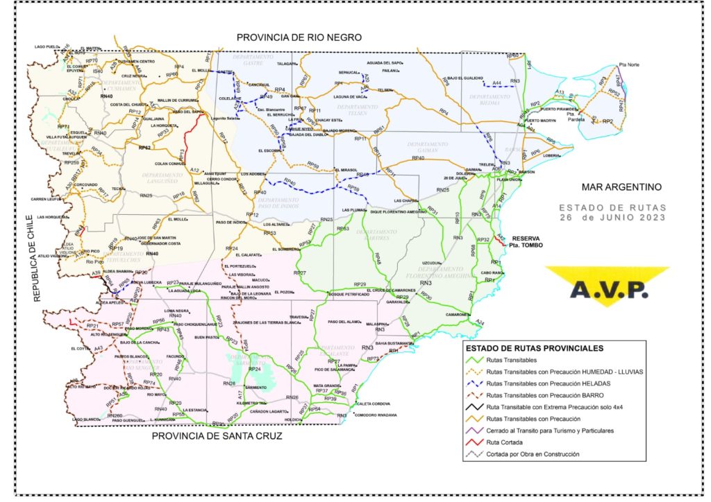 Estado de las rutas de Chubut del lunes 26 de junio