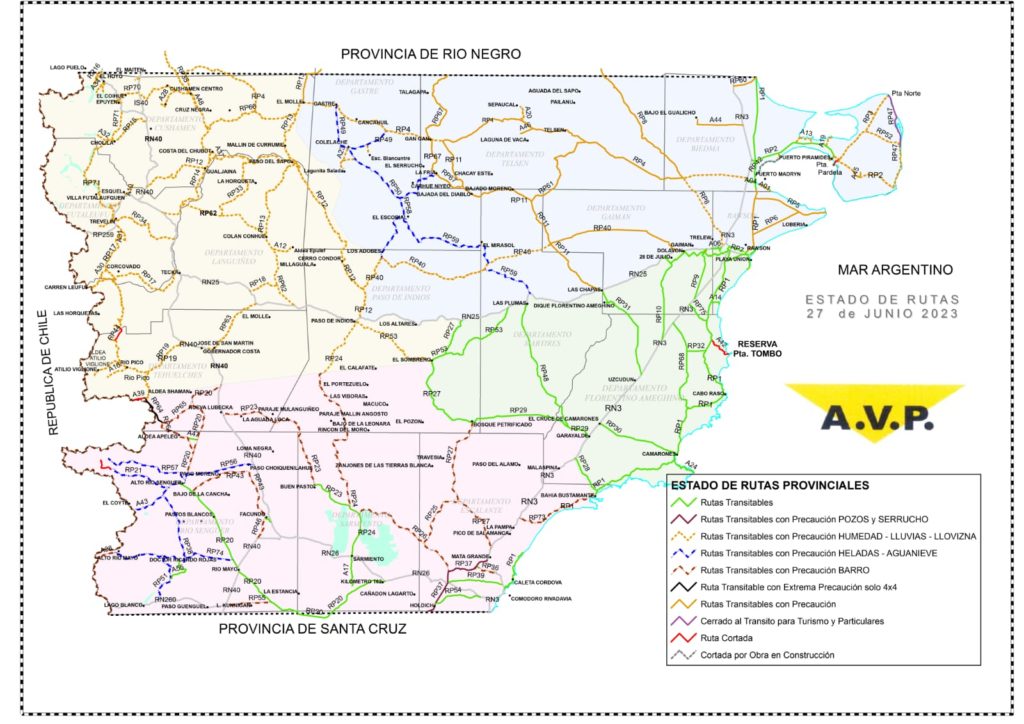 Estado de las rutas de Chubut del martes 27 de junio