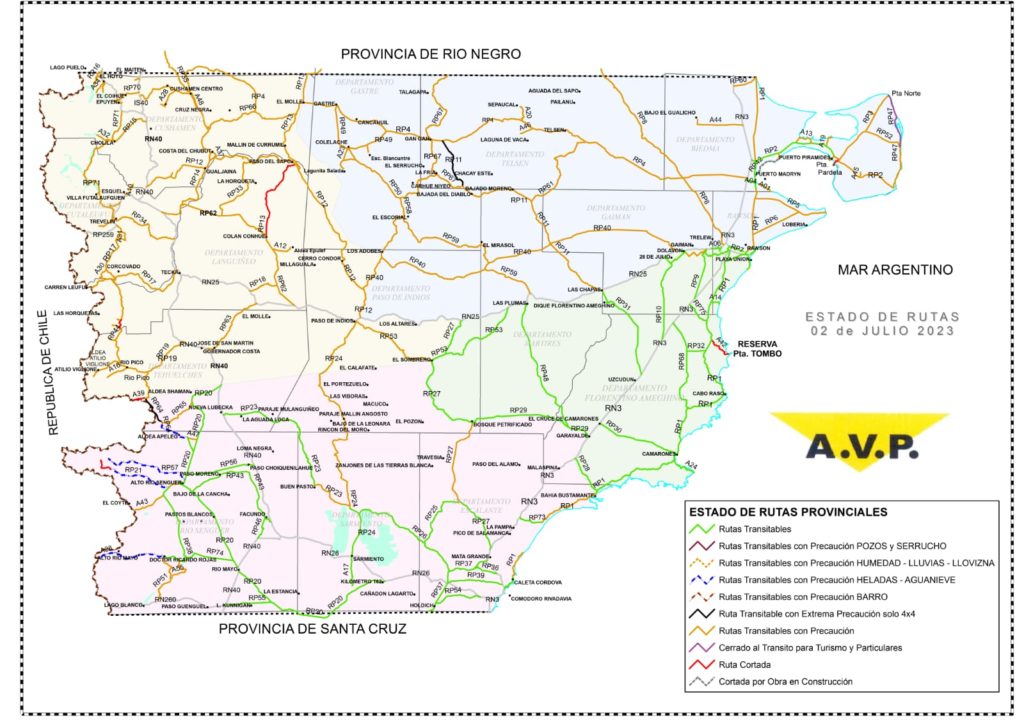 Estado de las rutas de Chubut del domingo 2 de julio