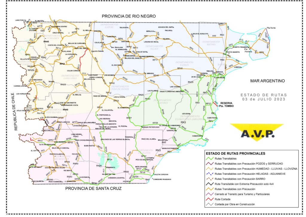 Estado de las rutas de Chubut del lunes 3 de julio