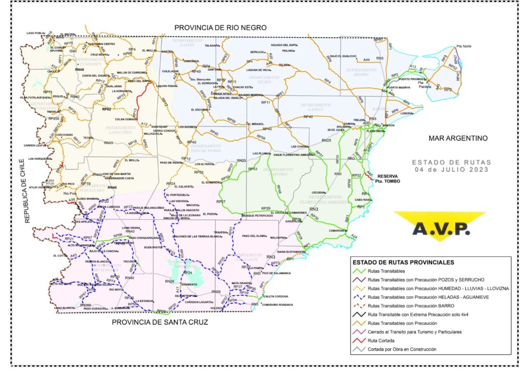 Estado de las rutas de Chubut del martes 4 de julio