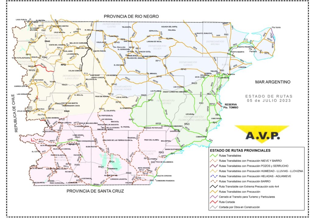 Estado de las rutas de Chubut del miércoles 5 de julio