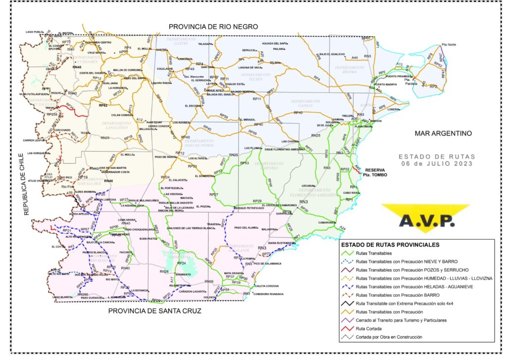 Estado de las rutas de Chubut del jueves 6 de julio