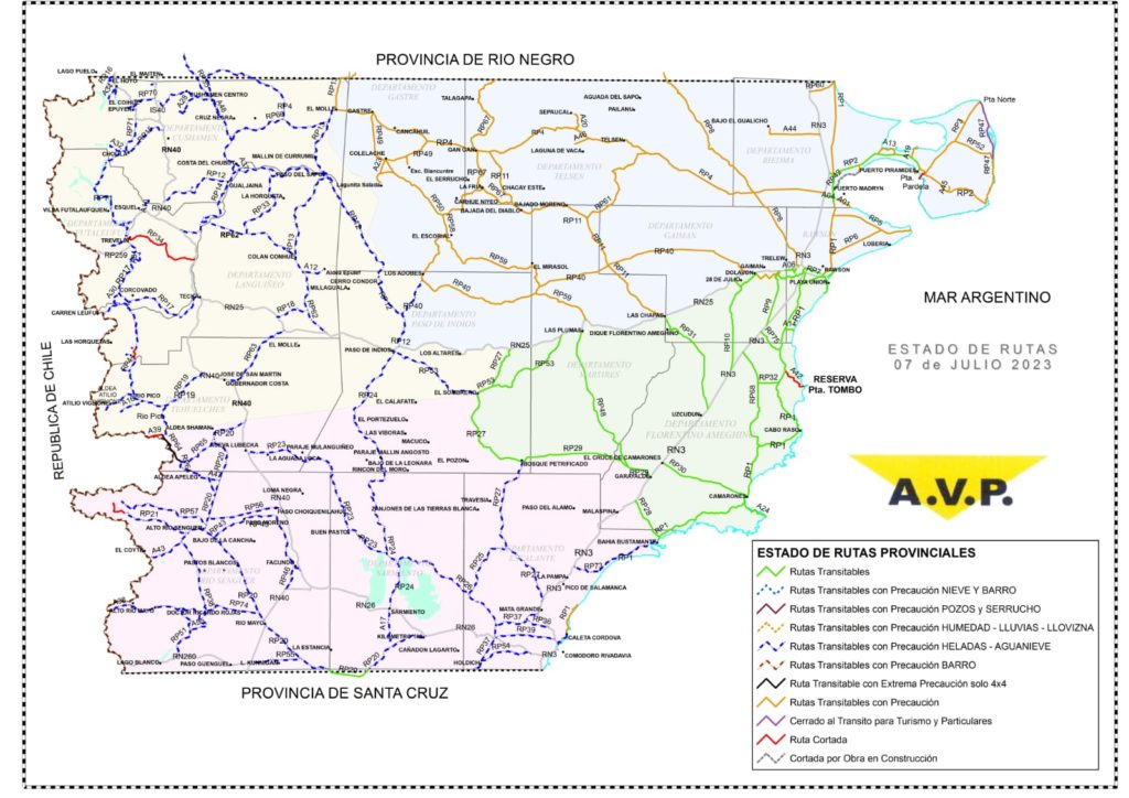 Estado de las rutas de Chubut del viernes 7 de julio