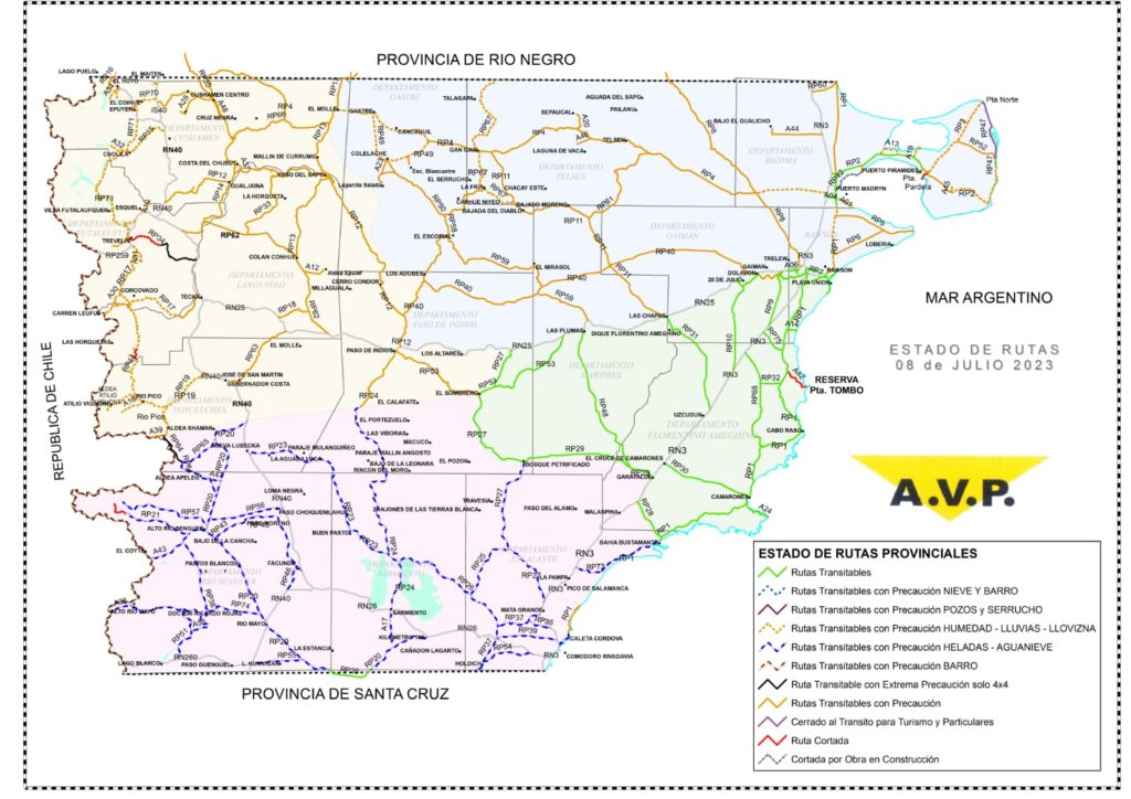 Estado de las rutas de Chubut del sábado 8 de julio