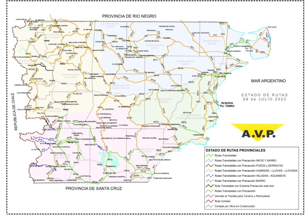 Estado de las rutas de Chubut del domingo 9 de julio