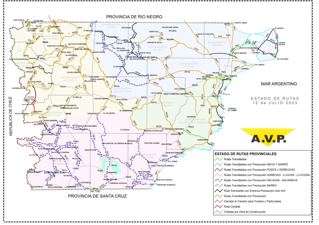 Estado de las rutas de Chubut del miércoles 12 de julio