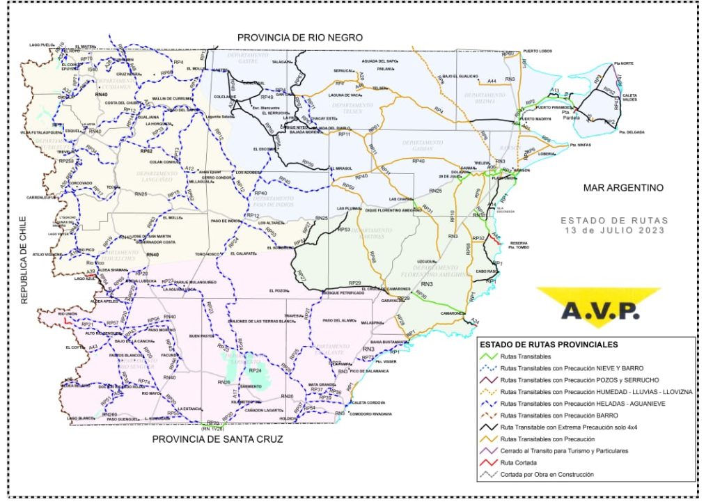 Estado de las rutas de Chubut del jueves 13 de julio