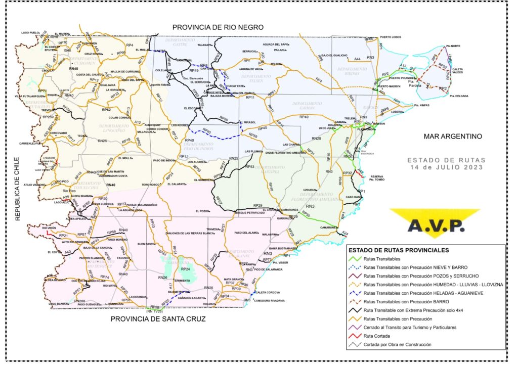 Estado de las rutas de Chubut del viernes 14 de julio