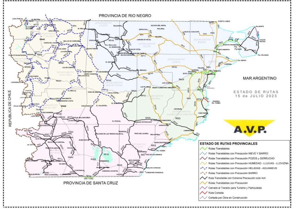 Estado de las rutas de Chubut del sábado 15 de julio