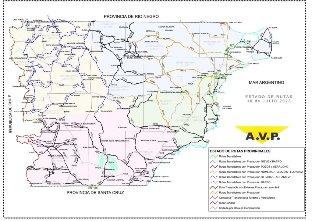 Estado de las rutas de Chubut del domingo 16 de julio