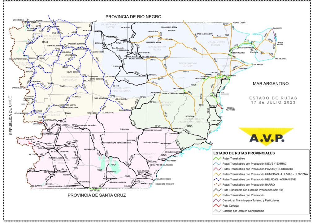 Estado de las rutas de Chubut del lunes 17 de julio