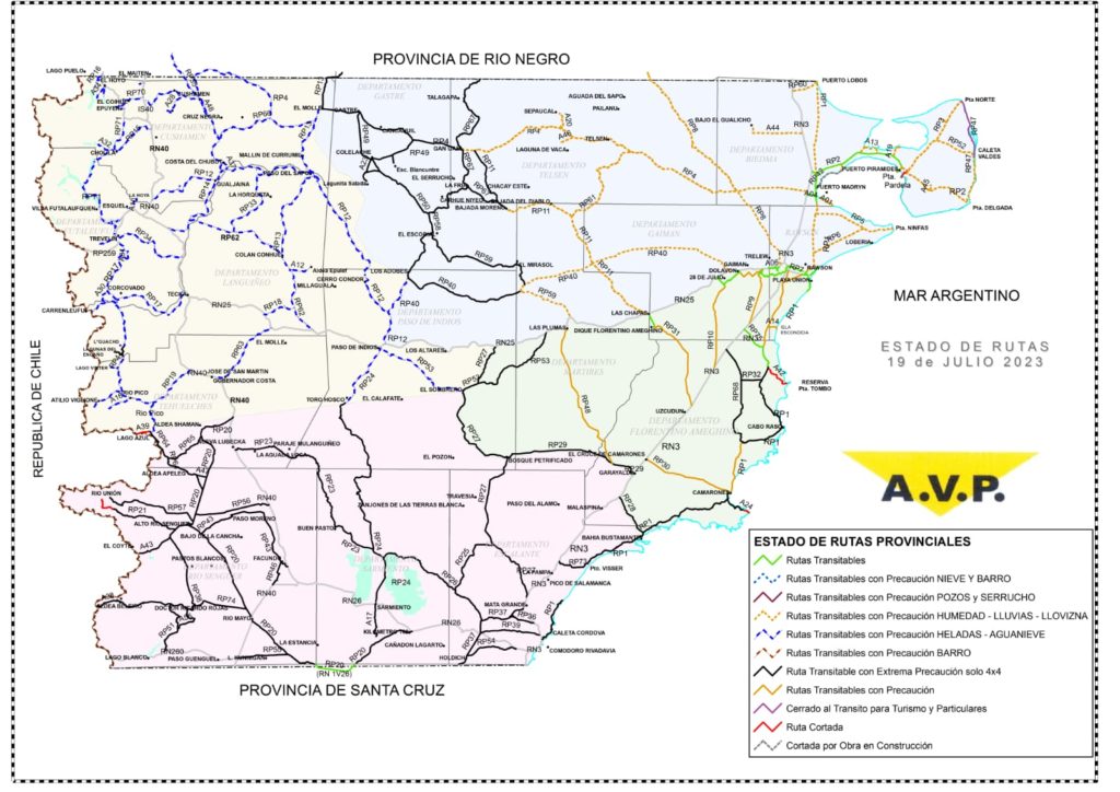 Estado de las rutas de Chubut del miércoles 19 de julio