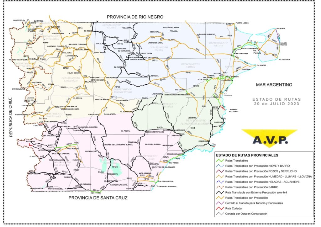 Estado de las rutas de Chubut del jueves 20 de julio