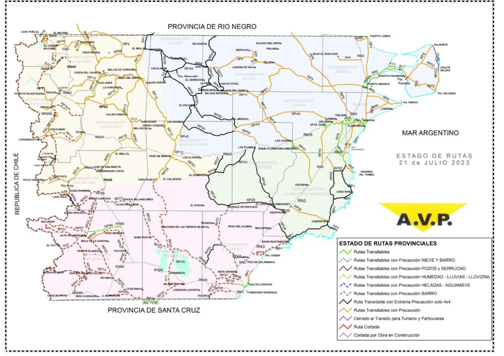 Estado de las rutas de Chubut del viernes 21 de julio