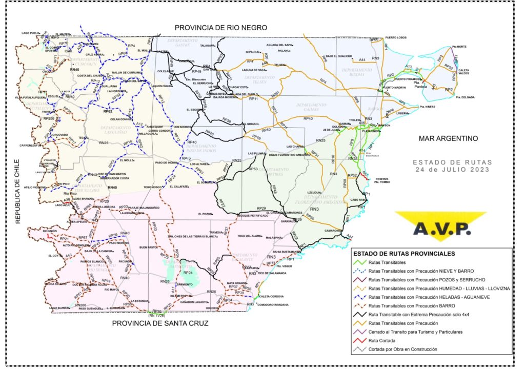 Estado de las rutas de Chubut del lunes 24 de julio