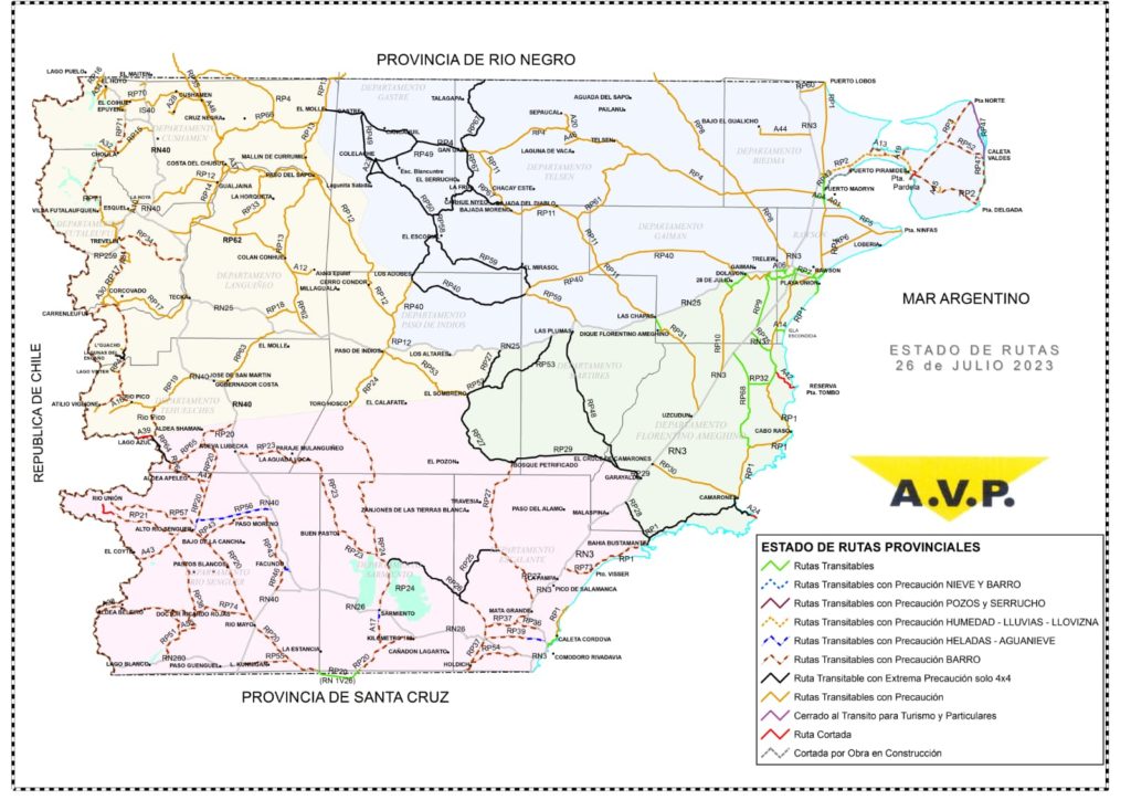 Estado de las rutas de Chubut del miércoles 26 de julio