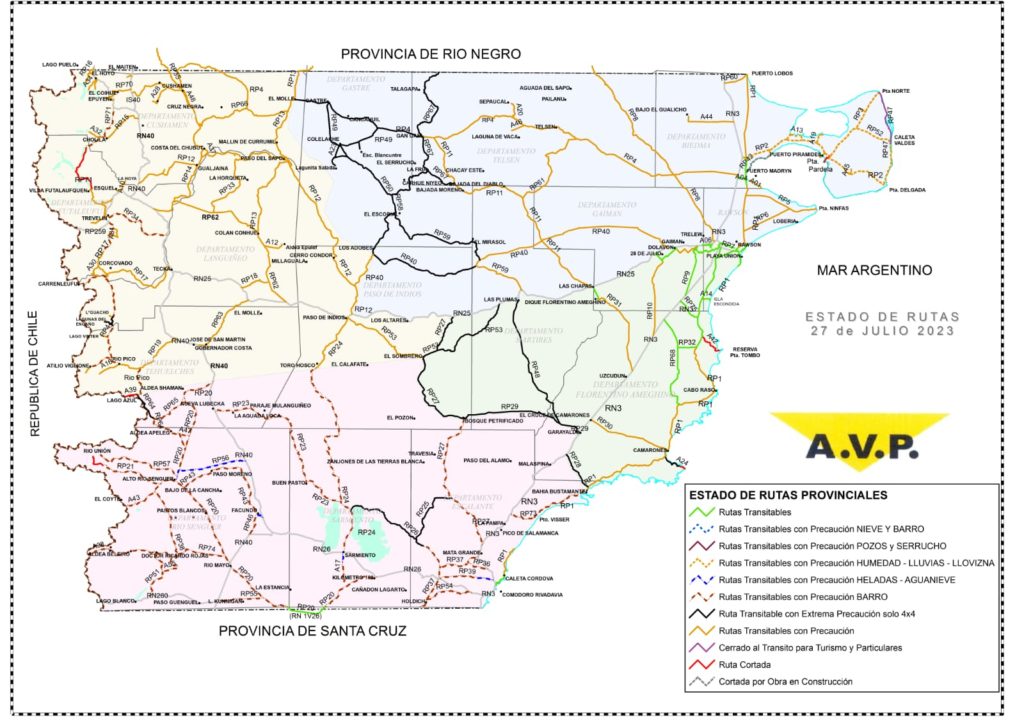 Estado de las rutas de Chubut del jueves 27 de julio