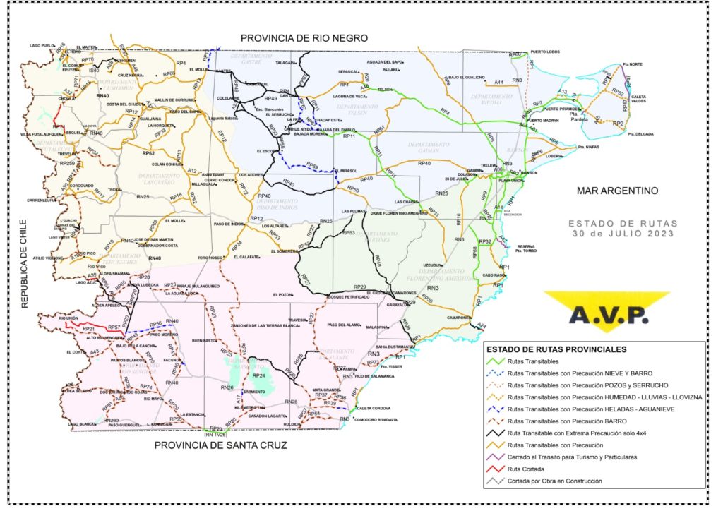 Estado de las rutas de Chubut del domingo 30 de julio