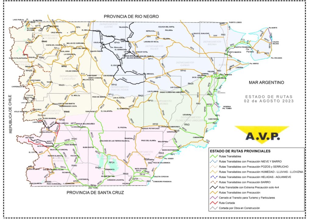 Estado de las rutas de Chubut del miércoles 2 de agosto