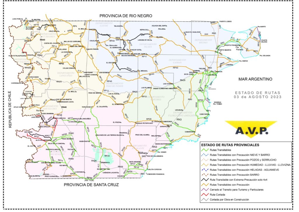 Estado de las rutas de Chubut del jueves 3 de agosto