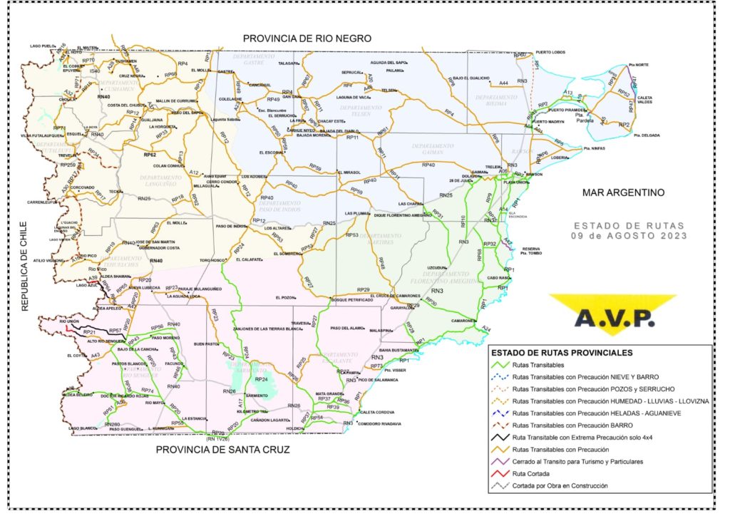 Estado de las rutas de Chubut del miércoles 9 de agosto