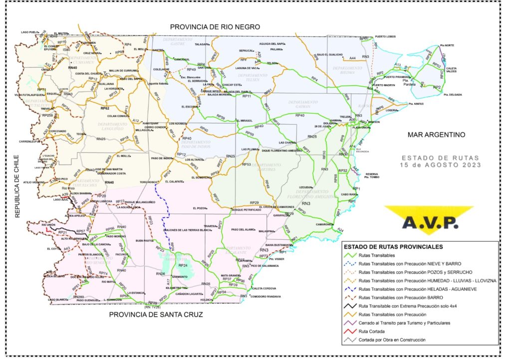 Estado de las rutas de Chubut del martes 15 de agosto