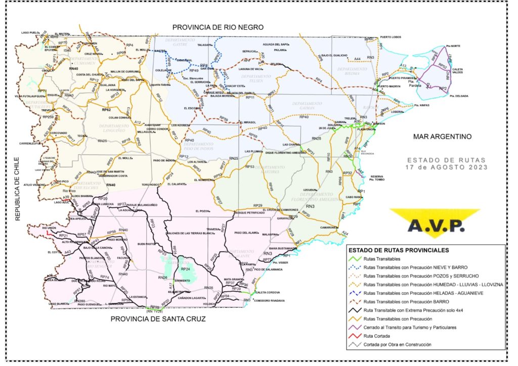 Estado de las rutas de Chubut del jueves 17 de agosto