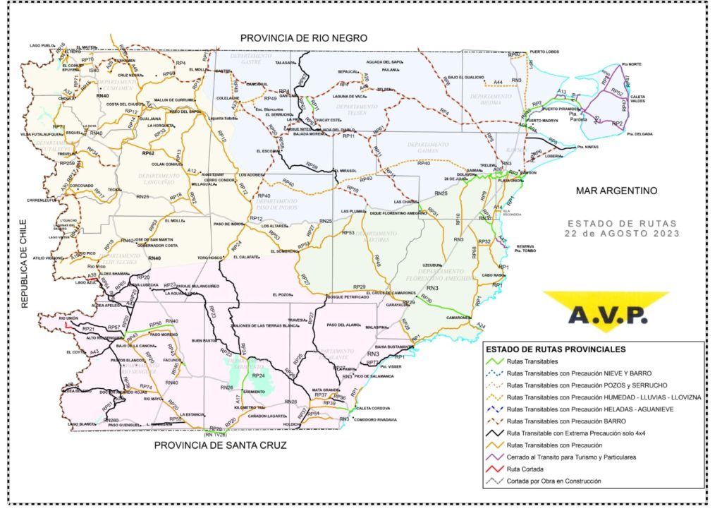 Estado de las rutas de Chubut del martes 22 de agosto