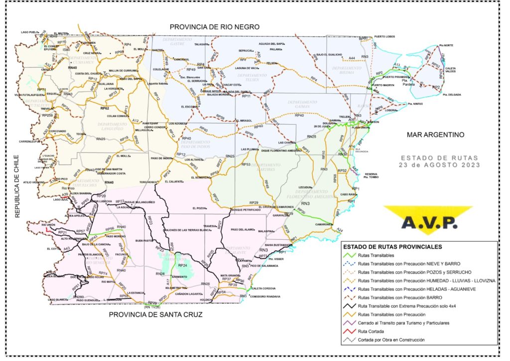 Estado de las rutas de Chubut del miércoles 23 de agosto