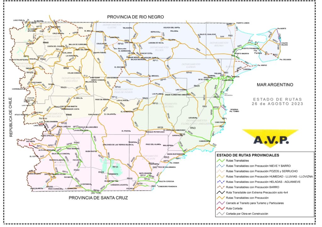 Estado de las rutas de Chubut del sábado 26 de agosto