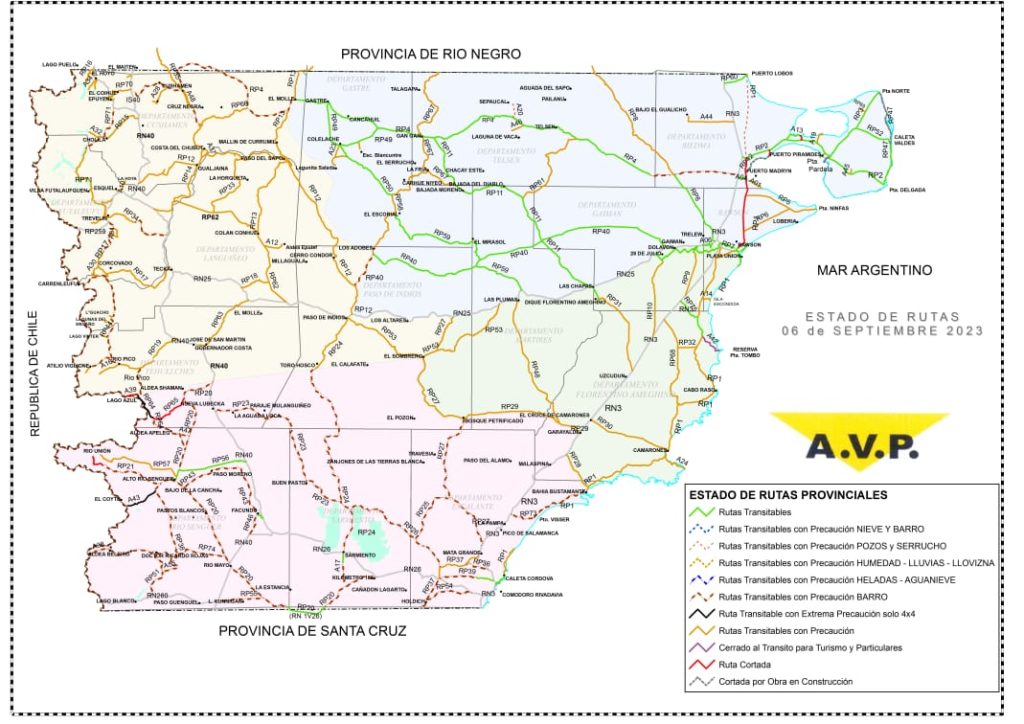 Estado de las rutas de Chubut del miércoles 6 de septiembre