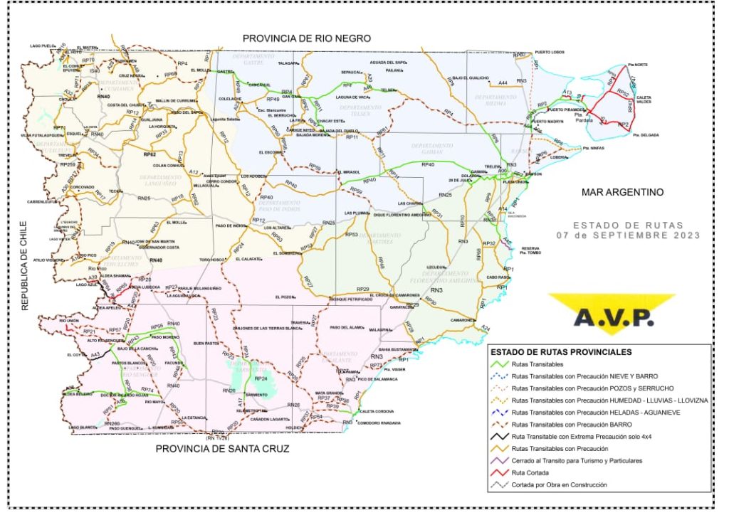 Estado de las rutas de Chubut del jueves 7 de septiembre