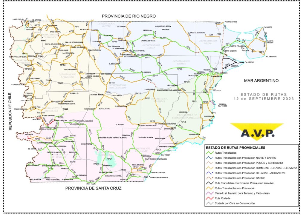 Estado de las rutas de Chubut del martes 12 de septiembre