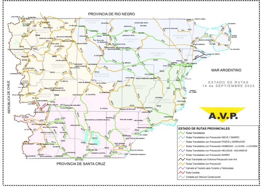 Estado de las rutas de Chubut del jueves 14 de septiembre