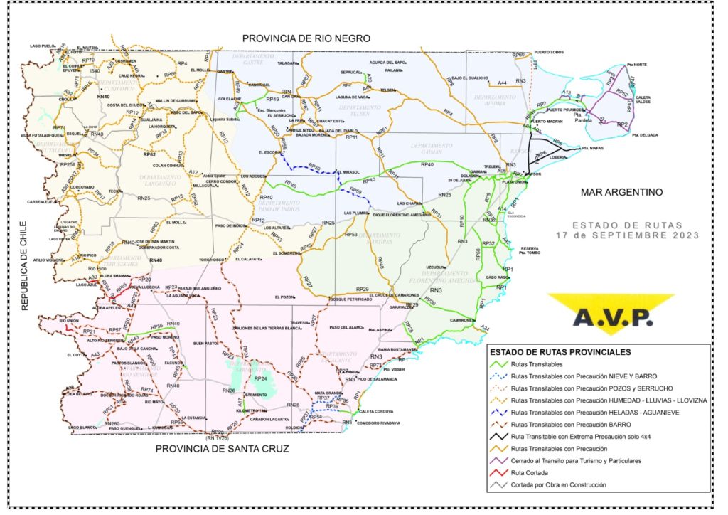 Estado de las rutas de Chubut del domingo 17 de septiembre