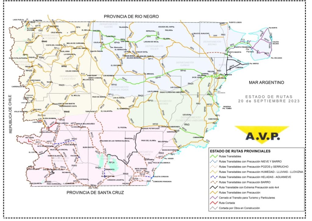 Estado de las rutas de Chubut del miércoles 20 de septiembre