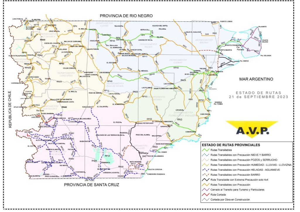 Estado de las rutas de Chubut del jueves 21 de septiembre