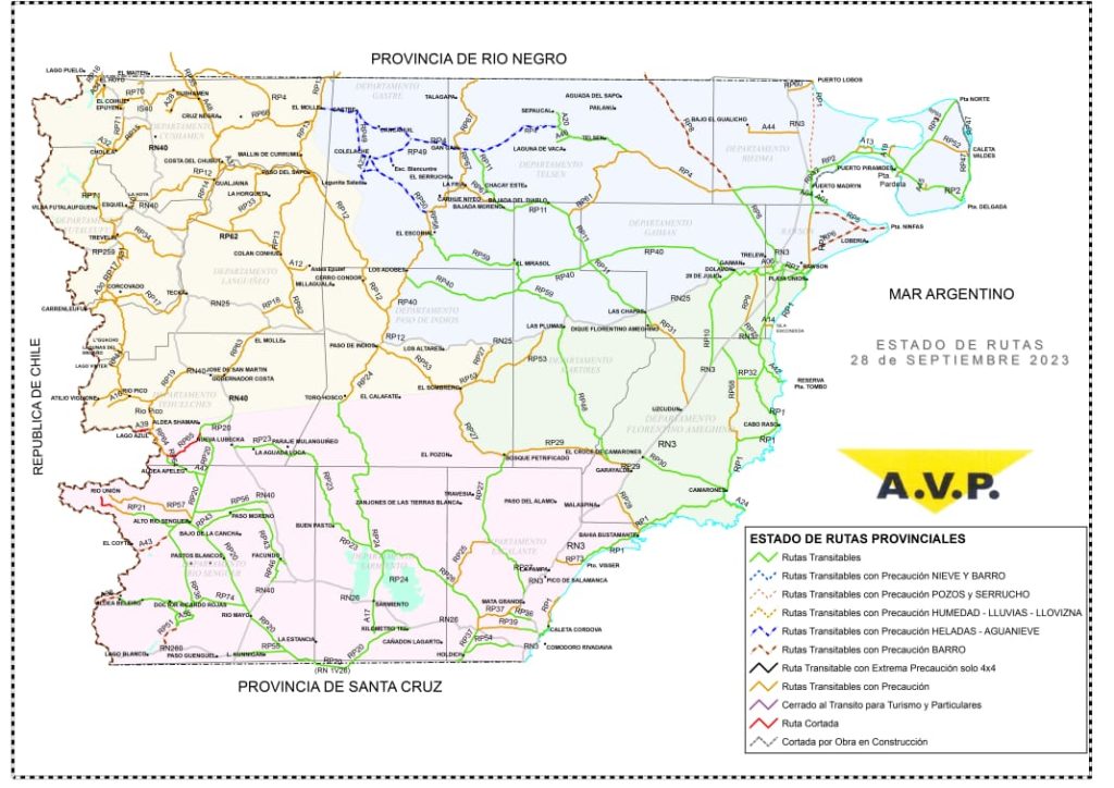 Estado de las rutas de Chubut del jueves 28 de septiembre